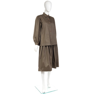 1980s Yves Saint Laurent Olive Green Top and Skirt Outfit