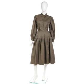 1980s Yves Saint Laurent Olive Green 2 Pc Dress