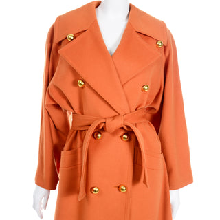 Guy Laroche Vintage Orange Cashmere Blend Coat With Belt gold dome buttons