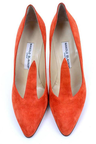 Manolo Blahnik London Orange Suede Vintage Heels w/ Flame 38.5