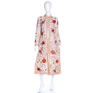 1990s Oscar de la Renta Colorful Embroidered Silk Floral Open Front Coat