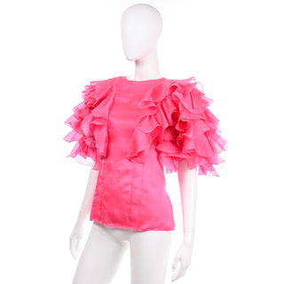 Vintage 1980s Oscar de la Renta Pink Ruffled Silk Organza Evening Blouse