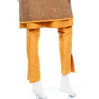 1990s Oscar de la Renta Mid Century Inspired Outfit w Sheath Dress Coat and Trousers Marigold Brown