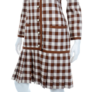 Oscar de la Renta Deadstock w Tags Vintage Brown & White Check Dress pleated hem