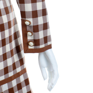 Oscar de la Renta Deadstock w Tags Vintage Brown & White Check Dress pearl buttons