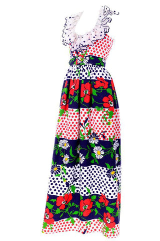 1960s Oscar de la Renta Polka Dot Floral Print Vintage Dress w/ Ruffle Collar