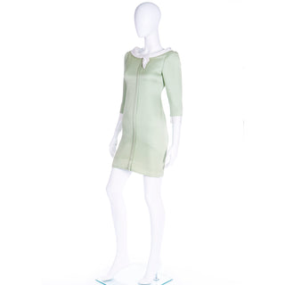 Vintage 1990s Oscar de la Renta Textured Green Dress With White Trim