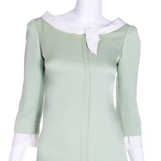 Vintage 1990s Oscar de la Renta Textured Green Dress W White Trim