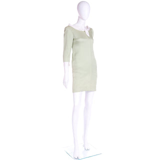 1990s Oscar de la Renta Textured Green Dress With White Trim Size S