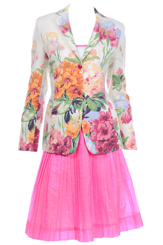 Oscar de la Renta Pink and White Skirt With Top and Floral Jacket