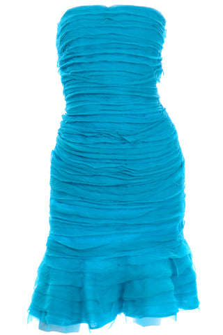Oscar de la Renta Blue Silk Chiffon Strapless Evening Dress