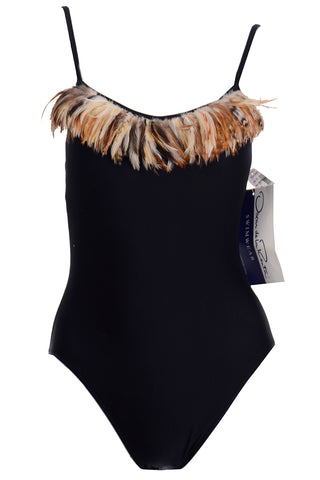 Oscar de la Renta Vintage Black Swimsuit w Feathers Deadstock w Tags
