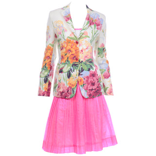 Colorful Oscar de la Renta Hot Pink Skirt Pink and White Top and Floral Jacket