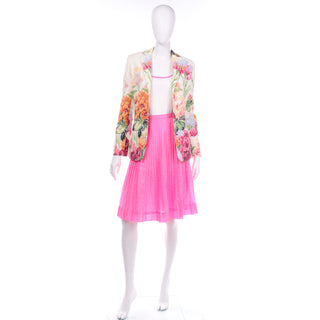Oscar de la Renta Pink and White Skirt With Top and Floral Jacket 3pc