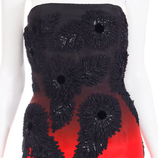 2008 Oscar de la Renta Red & Black Ombre Ribbon Embroidered Evening Dress