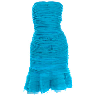 Oscar de la Renta Blue Silk Chiffon Strapless Evening Dress 8