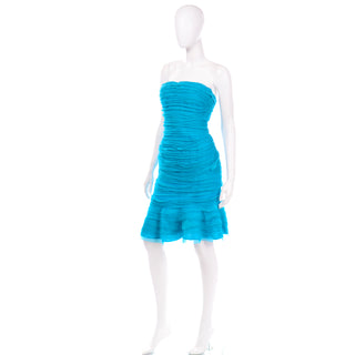 Documented Oscar de la Renta Blue Silk Chiffon Strapless Evening Dress