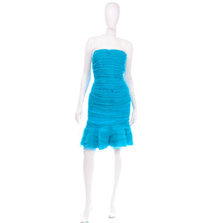 Oscar de la Renta Blue Silk Chiffon Strapless Evening Dress runway