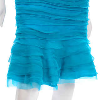 Oscar de la Renta Blue Silk Chiffon Strapless Evening Dress Ruffle