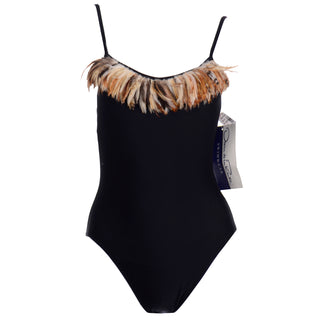 Size 8 Oscar de la Renta Vintage Black Swimsuit w Feathers Deadstock w Tags