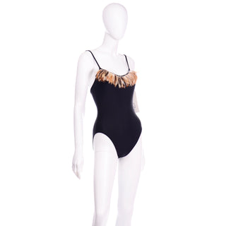 New Vintage Oscar de la Renta Black Swimsuit w Feathers Deadstock w Tags