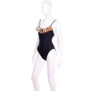 Oscar de la Renta Vintage Black Swimsuit w Feathers Deadstock w Original Tags