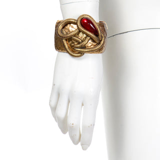 Oscar de la Renta Brutalist Style Textured Gold Cabochon Clamper Bracelet