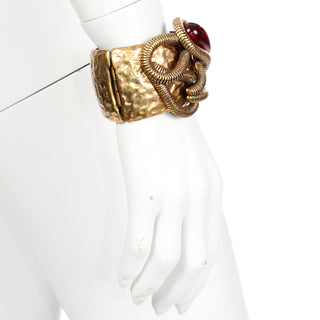 Oscar de la Renta Brutalist Style Gold Cabochon Clamper Bracelet textured