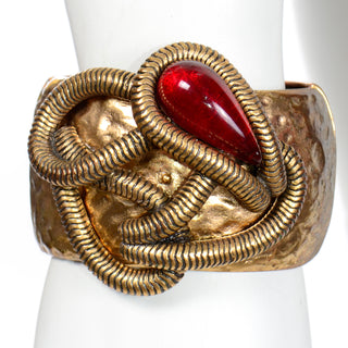 Oscar de la Renta Brutalist Style Gold red Cabochon Clamper Bracelet
