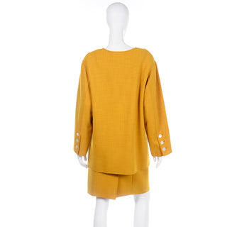 Oscar de la Renta Vintage Marigold Yellow Dress Suit With Jacket mother of pearl buttons