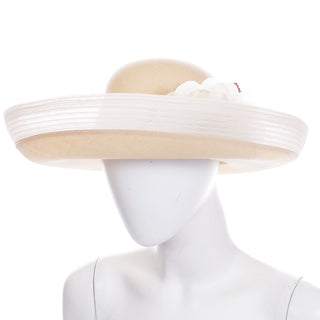 1980s Oscar de la Renta Natural Straw Hat w White Mesh Trim