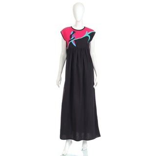1980s Oscar de la Renta Black Pink & Blue Cotton Maxi Dress W Bird Applique