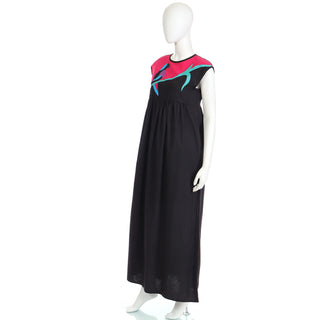 1980s Oscar de la Renta Black Pink & Blue Cotton Maxi Dress with Bird Applique