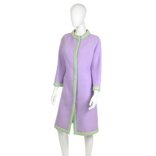 Oscar de la Renta 1960s Vintage Purple Wool Designer Coat With Green Trim