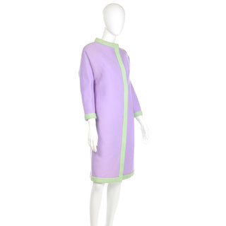 Oscar de la Renta 1960s Vintage Purple Wool Coat With Mint Green Trim