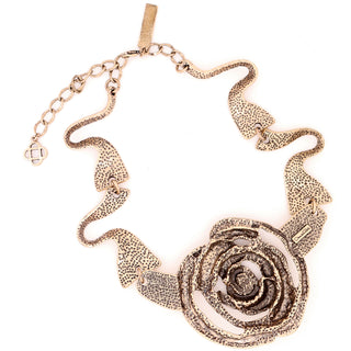 1990s Oscar de la Renta Giant Flower Statement Necklace Carved Rose