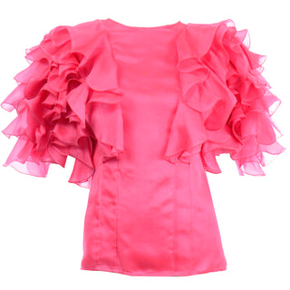 1980s Vintage Oscar de la Renta Pink Ruffled Silk Organza Evening Blouse