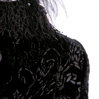 Designer Oscar de la Renta Black Velvet Coat w Sequins Lace & Feathers