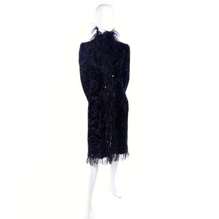 Oscar de la Renta Black Velvet Coat w Sequins Lace & Feathers Rare