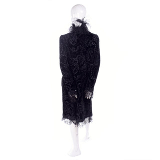 Oscar de la Renta Black Velvet Coat w Sequins Lace & Feathers Modig
