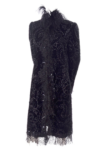 Oscar de la Renta Black Velvet Coat w Sequins Lace & Feathers