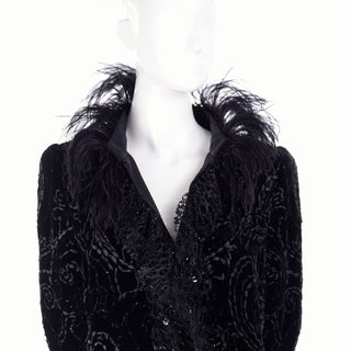 Modig Oscar de la Renta Black Velvet Coat w Sequins Lace & Feathers