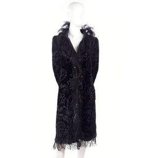 Oscar de la Renta Black Velvet Coat w Sequins Lace & Ostrich Feathers