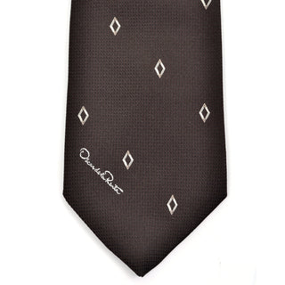 Oscar de la renta dark brown silk vintage necktie blade with signature and diamond print