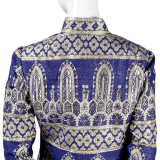 Oscar de la Renta blue silk evening gown & jacket w/ silver brocade Byzantine design