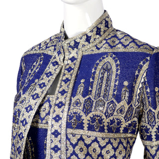 1960s Oscar de la Renta blue silk jacket and dress with silver embroidery