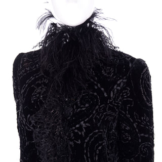 Oscar de la Renta Black Velvet Coat w Sequins Lurex Lace & Feathers