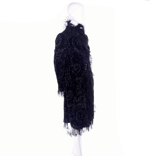 Oscar de la Renta Black Velvet Coat w Sequins Lace & Feathers us