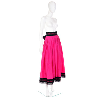 1980s Oscar de la Renta Pink Taffeta Maxi Skirt with Black Velvet & Lace Trim