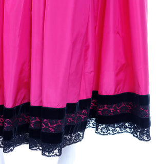 1980s Oscar de la Renta Pink Taffeta Maxi Skirt with Black Velvet & Lace Size Sm